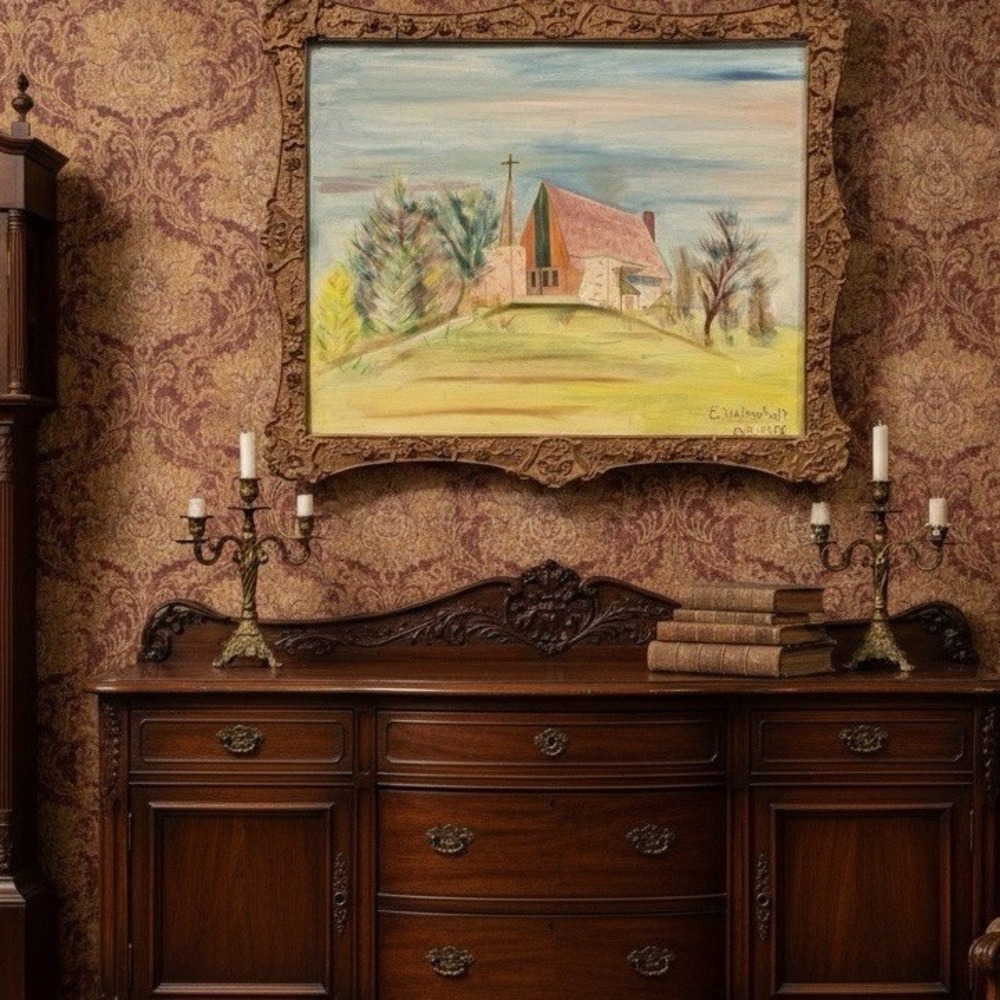 Vintage E Wallerstedt Oil Painting 1966 Mid Cent Modern Church Landscape Frame